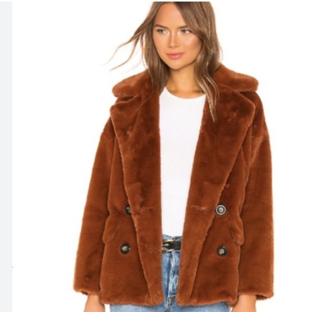 NWT Badgley Mischka Brand Rollande Faux Fur Coat COLOR: COGNAC